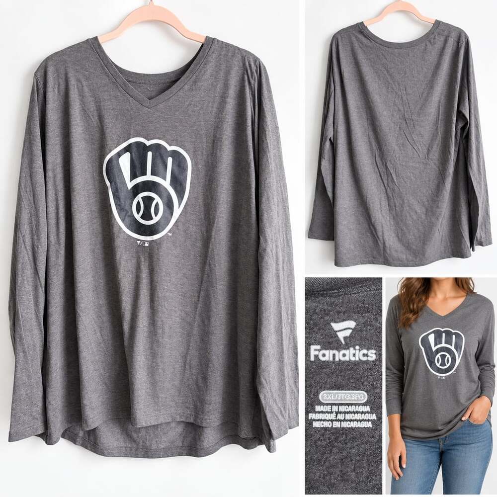 Fanatics Women's Charcoal Milwaukee Brewers Long Sleeve V-Neck T-Shirt Size 3XL